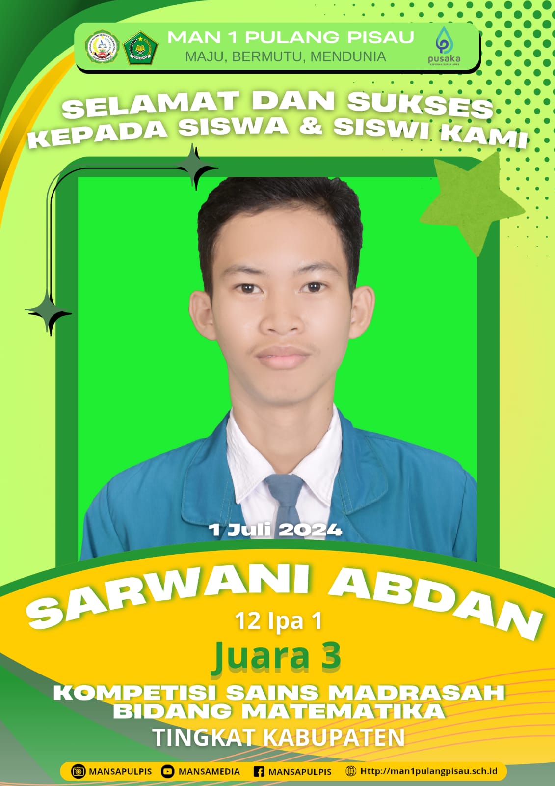 Sarwani Abdan Meraih Juara 3 KSM Bidang MATEMATIKA 